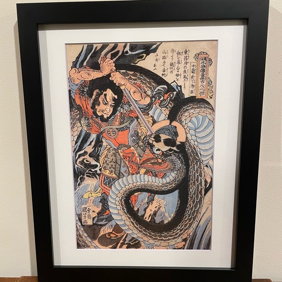 Warrior Fights Giant Snake Japanese Ukiyoe Art 12x15 Kuniyoshi Suikoden Serpent - Picture 2 of 3